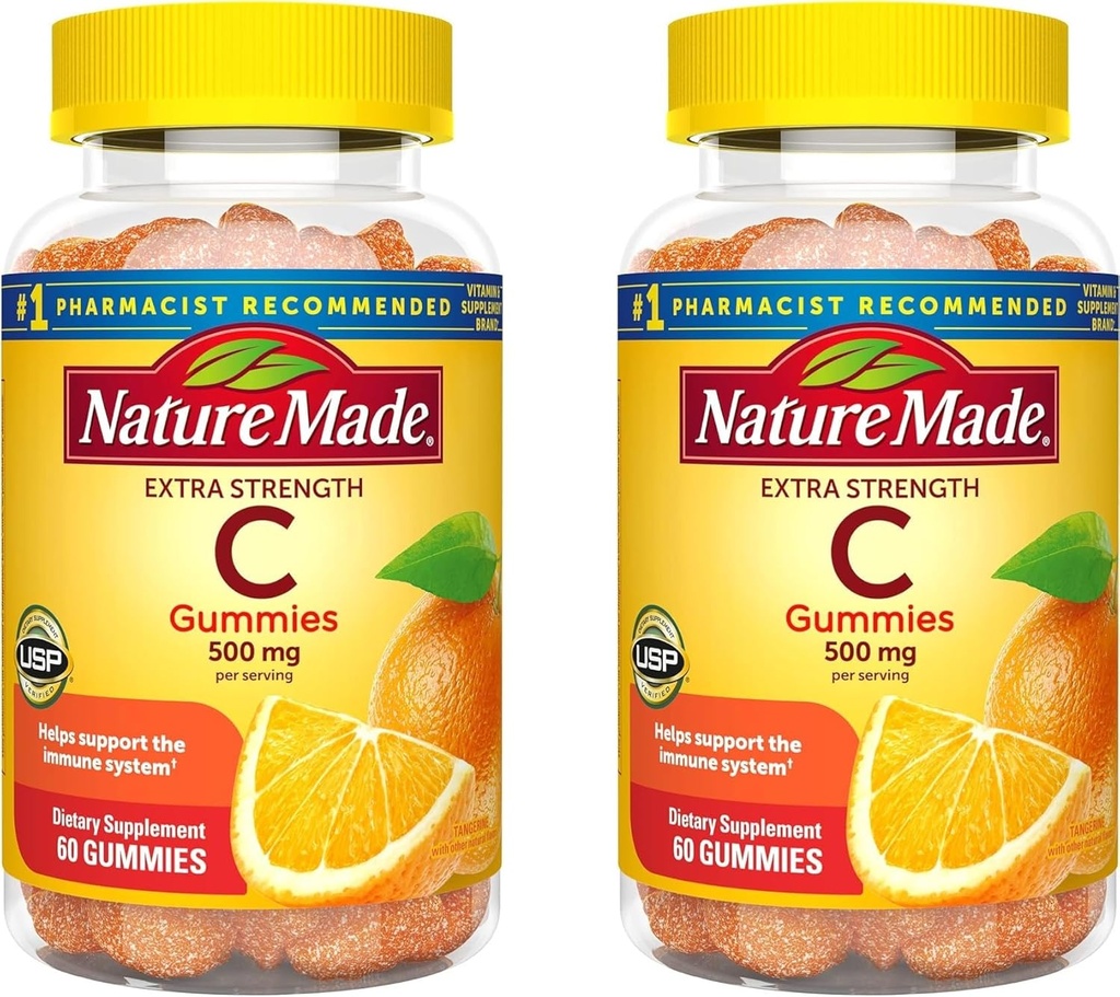 Natura Produsă Dozajul suplimentar Vitamina C 500 mg per Serving, Supliment alimentar pentru suport imunitar, 60 Gume, 30 zile de aprovizionare (Pachet de 2)