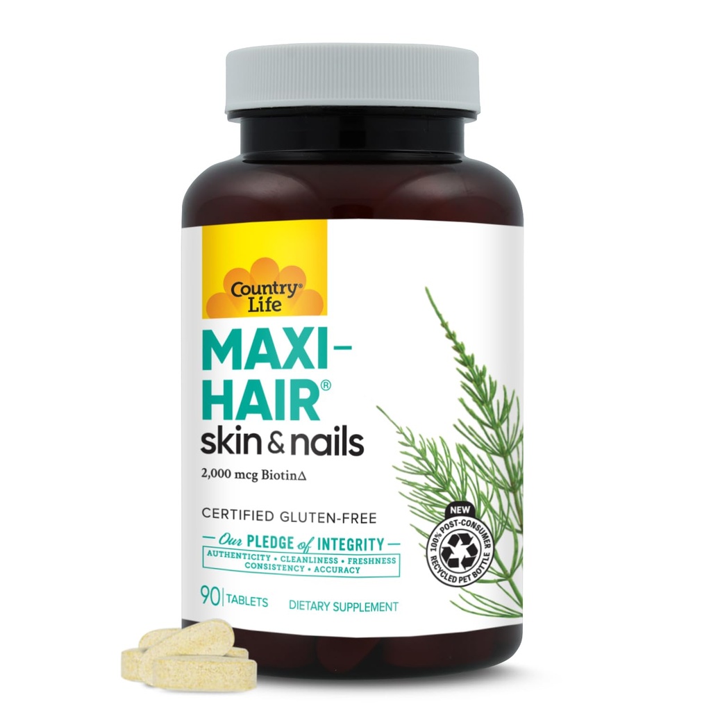 Country Life Maxi-Hair Supliment - 2000mcg Biotin & Vitamine pentru păr, piele și unghii - Certified Gluten-Free & Vegetarian - Sprijină creșterea părului, 90 comprimate