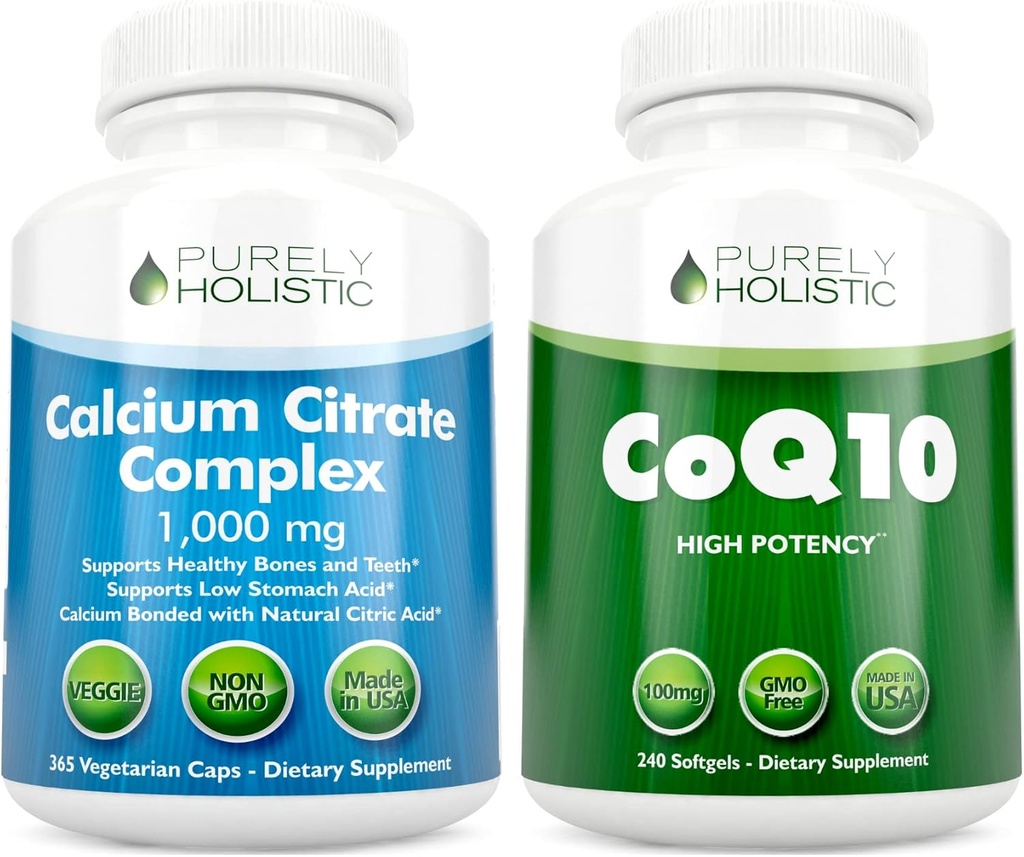 Complex Citrat de calciu 1000mg + CoQ10 100mg - 365 capsule Vegan + 240 Softgels Bundle - Fără vitamina D - Made in USA