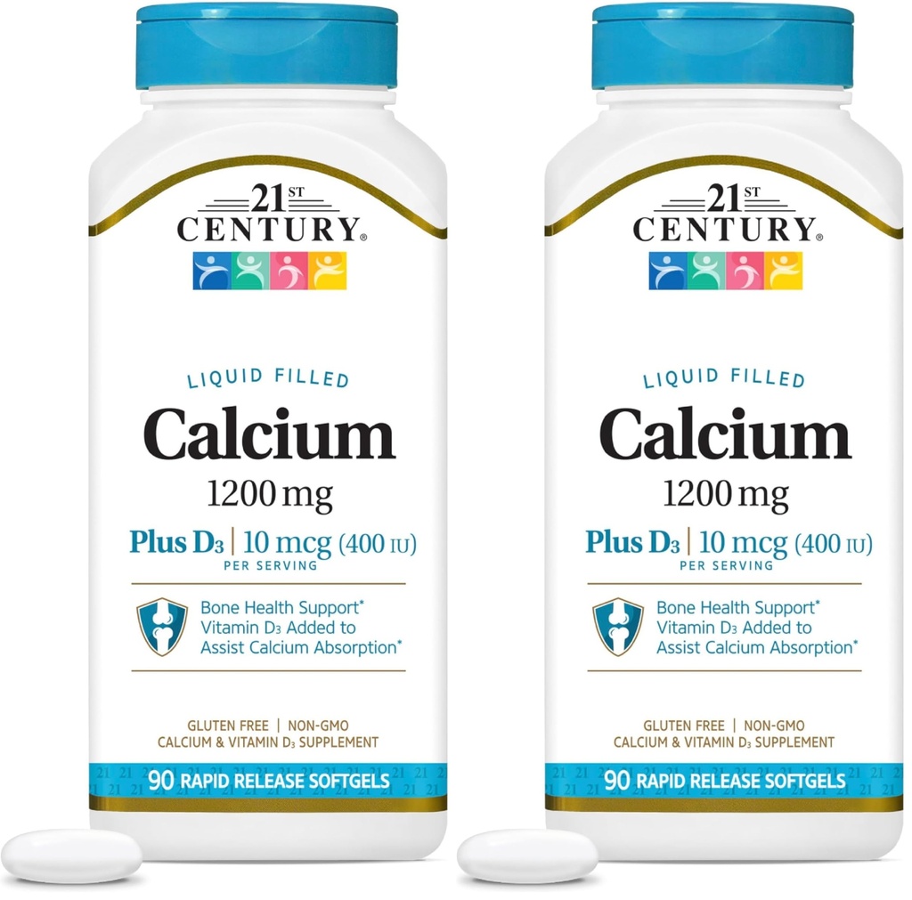 21st Century Calciu Plus D3 lichid umplut Softgel, 1200 mg, 90 Count (Pachet de 2)