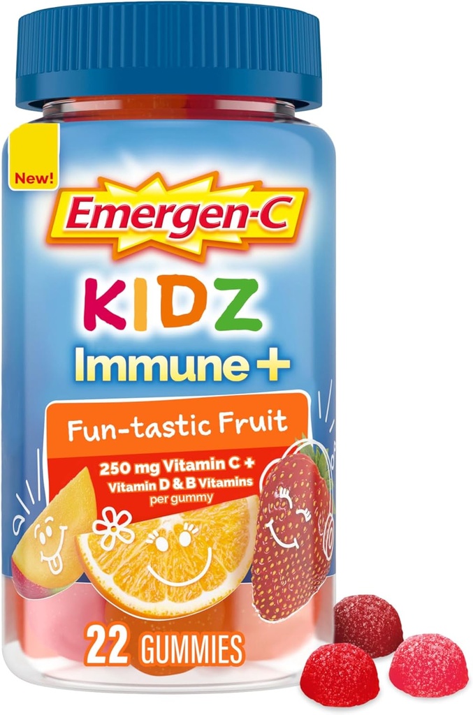Emergen-C Kidz Immune+ Supplements Immune Dietary Supplements, Gumies aromated with Vitamina C, B Vitamine și vitamina D for Immune Support, Fun-Tastic Fruit Flavored Gumies - 22 Count