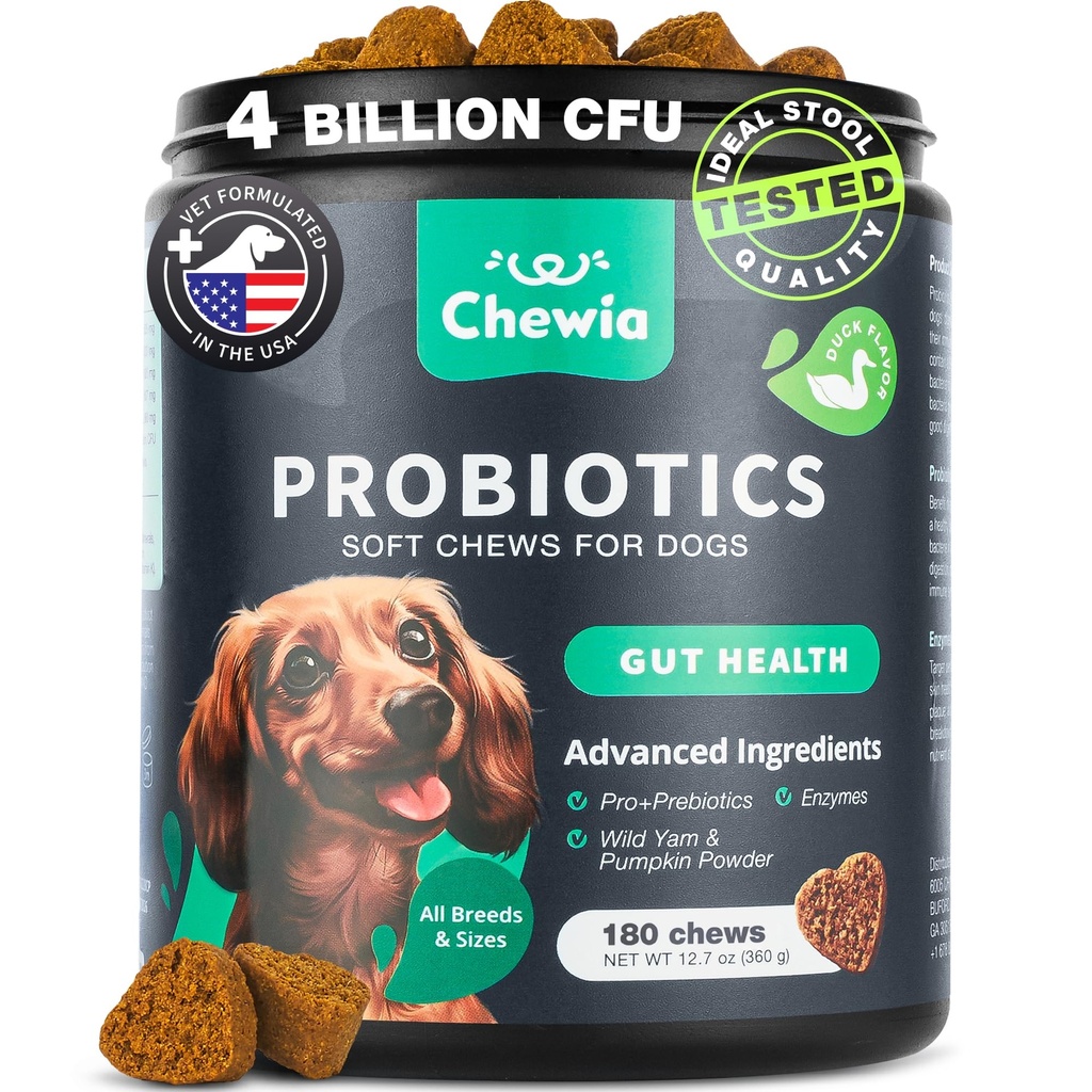 Probiotice pentru câini Gut Sanatate, Digestie, Imunitate, Echilibru Drojdie, Piele Mâncărime, Alergii Suport - Chews Probiotice câine cu enzime digestive pentru Flora Gut- Tratamente moi cu dovleac si pudră de Drojdie