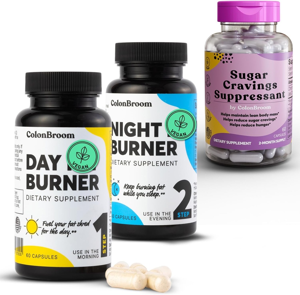 ColonBroom Zi și noapte Suplimente Burner, Pastile de management al greutății (60 Serviri) + Sugar Craving Suppressant - Crom Picolinat 200mcg (60 Servings), 3 elemente