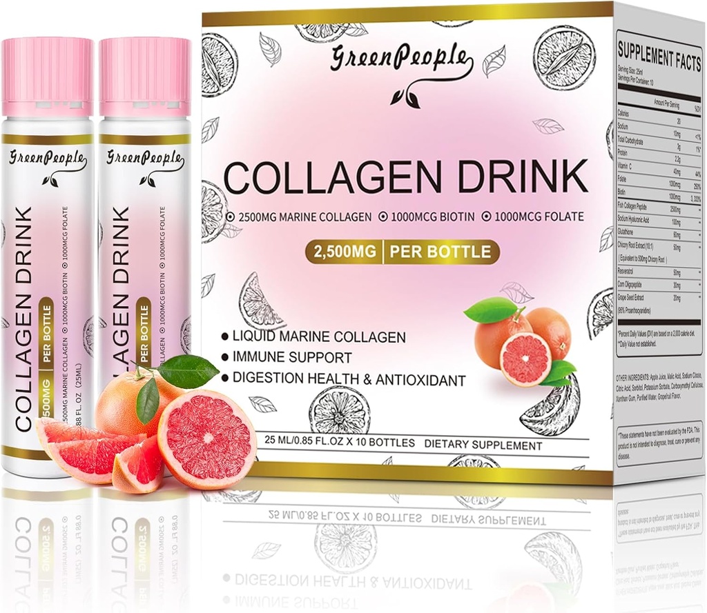 GREENPEOPLE Colagen lichid pentru femei și bărbați, 2500 mg de pește Colagen Peptides + Acid hialuronic + vitamina Bs & C, unghii de păr articulatii Suport oase (0,85 fl oz, 10 sticle, grepfrut)