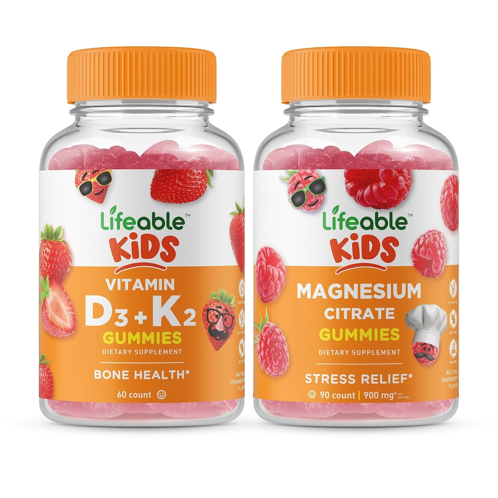 Vitamina vie D3 + Vitamina K2 Copii + Magneziu Copii, Gume Bundle - Degustare mare, Supliment de vitamine, Gluten gratuit, OMG gratuit, Guma de mestecat