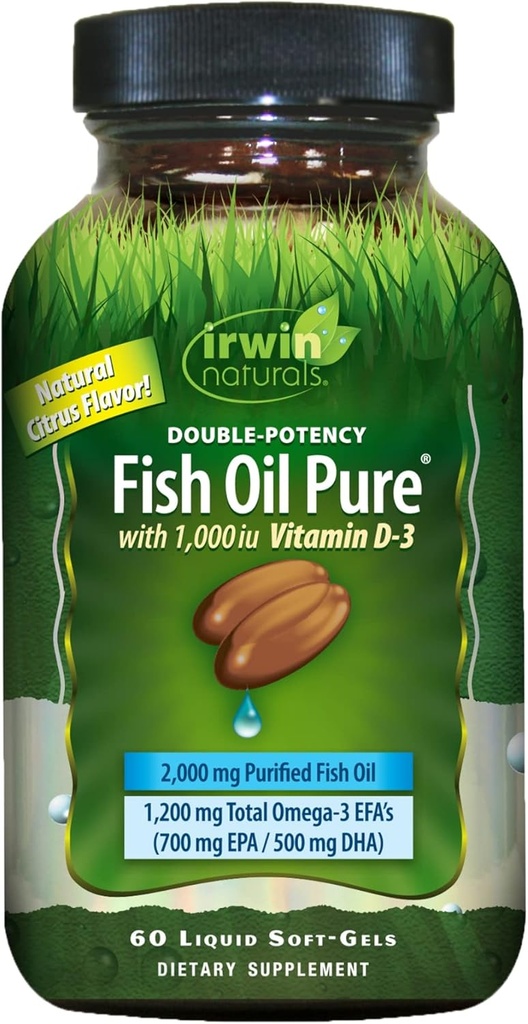 Ulei de pește dublu-potență Pur de Irwin Naturals, Citrus Flavor cu vitamina D-3, 60 lichid Soft-Gels