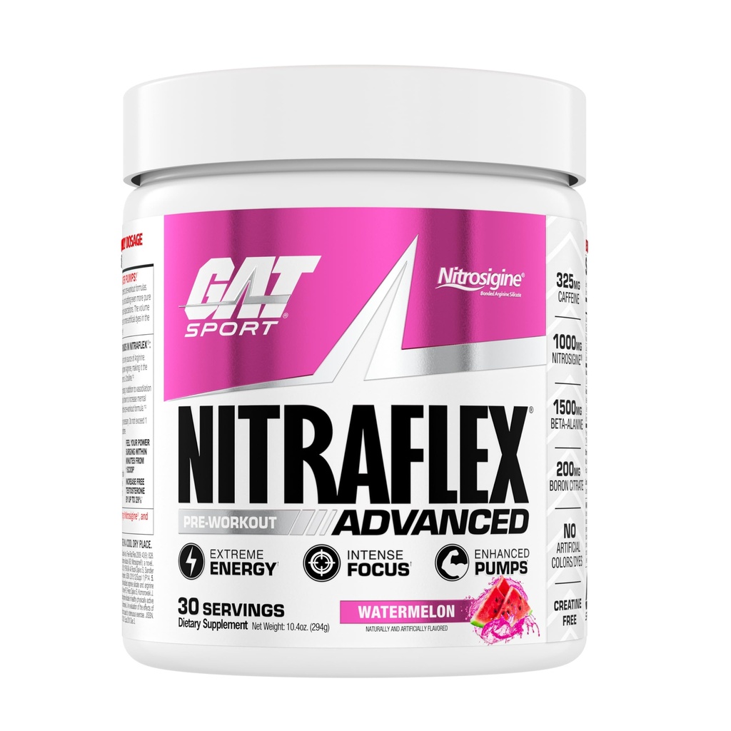 GAT SPORT Nitraflex Advanced Pre-Workout pulbere, Crește fluxul de sânge, crește puterea și energia, Îmbunătățește performanța de exercițiu, Creatine-Free (Watermelon, 30 Servings)