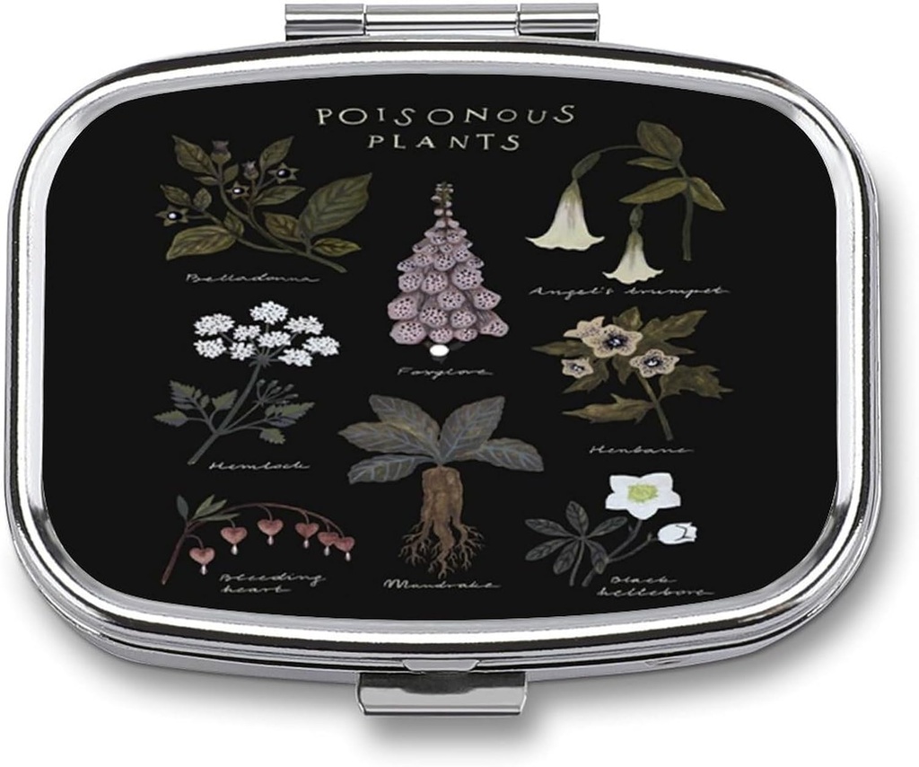 Metal 2 Compartiment Pill Organizator Travel Prietenos Portabil Compact Cute Pilula Caz Pilula pentru Hold Vitamine,Pish Oil,Supplements,Meds,Tablet pentru Purse,Pocket. (plante otrăvitoare)