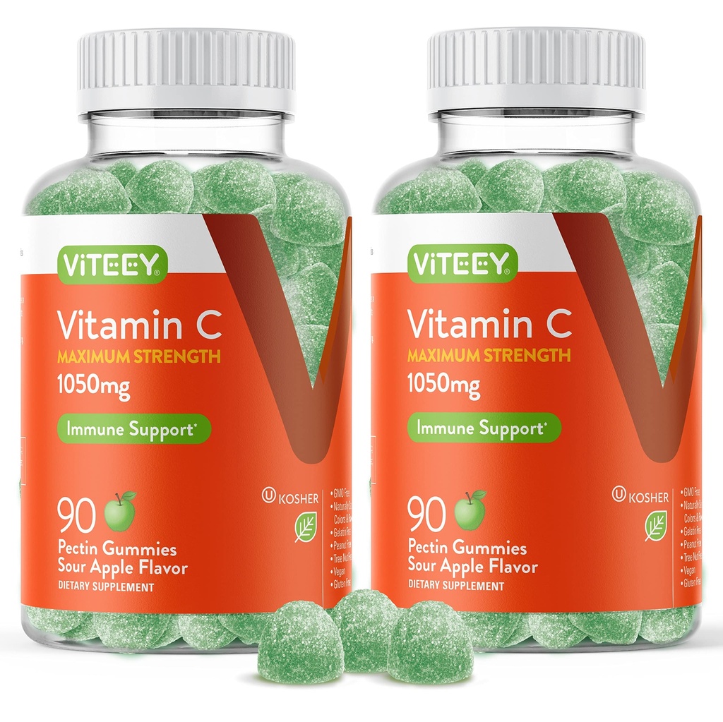 Viteey Chewable Vitamina C Gummies pentru adulți - 1050 mg Putere maxima Suport Imun - Vegan, Gluten gratuit - 180 Conte