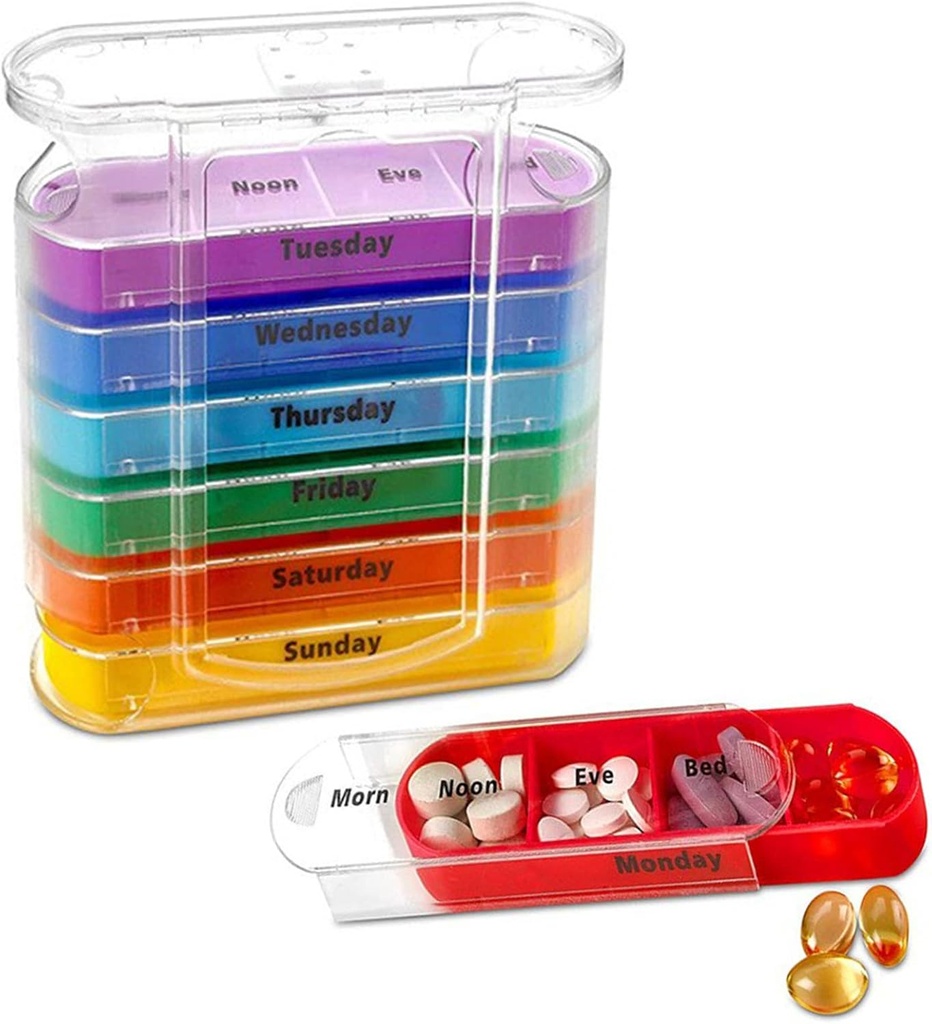 ABSOK Weekly Stackable Pill Organizator, 4 ori pe zi Pilula Organizator Dimineața, Noon, Seara, și Pattime,7 Compartimente Stackable