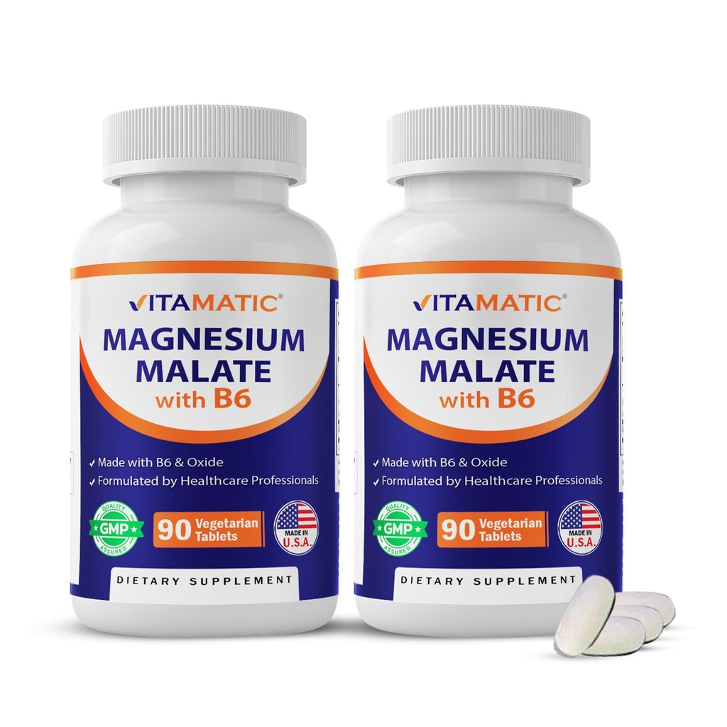 Malat de magneziu vitamatic 2000mg per Servire - 90 comprimate vegetariene - Adăugat B6 pentru absorbţie maximă - susţine musculare, articulare, şi Heart Health* (2 sticle, neflavorat)