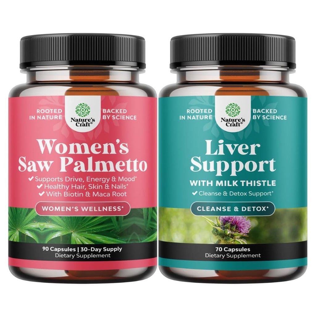 Bundle de putere suplimentara Saw Palmetto pentru femei și ficat Cleanse Detox & Reparație Formula - DHT Blocker îngroșarea vitamine de păr pentru pierderea părului pentru femei - Silymarin lapte Thistle ficat Detox 70 Capsule