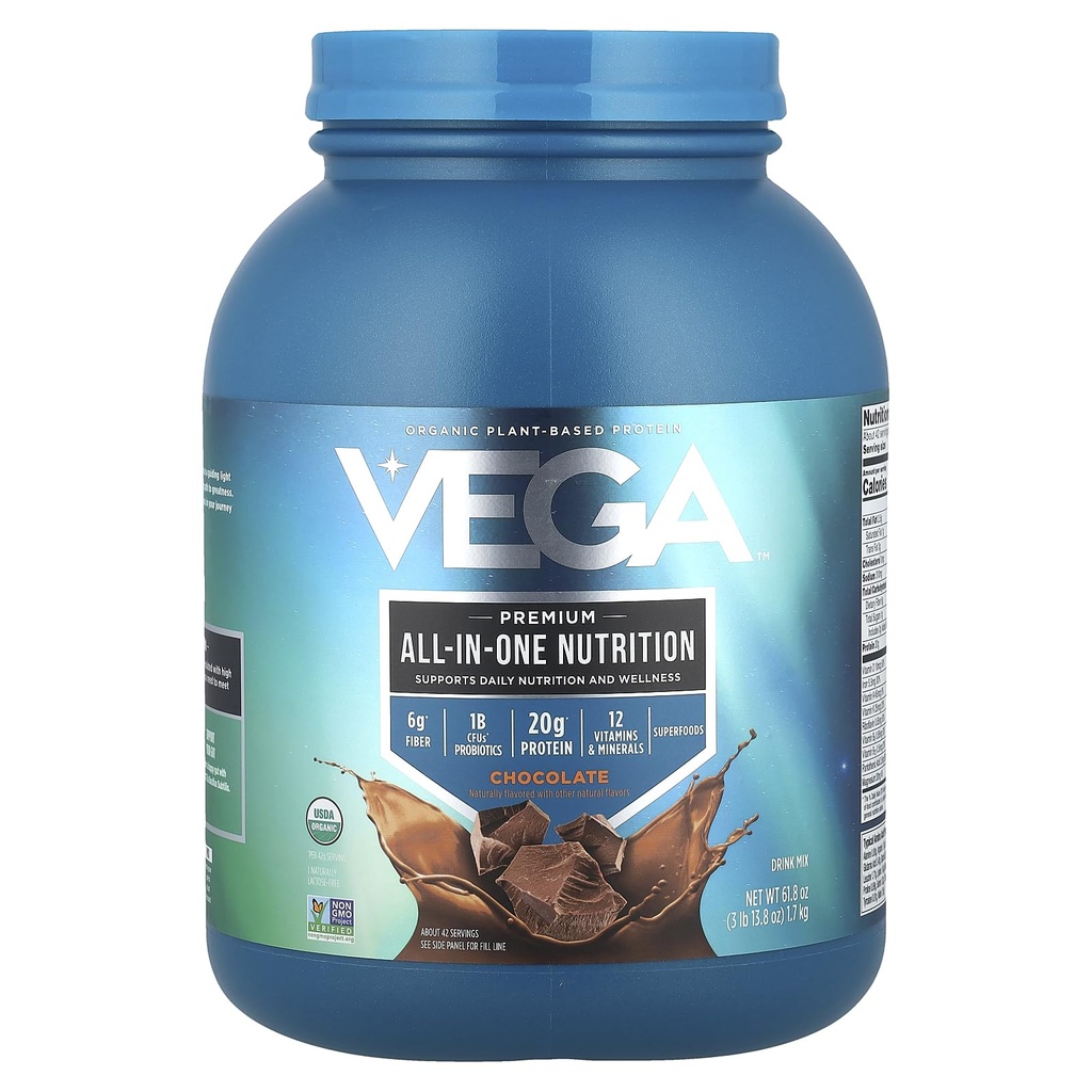 Vega All in One Nutrition Organic - 20g Proteină de mazăre pe bază de plante, Ciocolată, 42 Serviri, Vitamine A & C, Probiotice, Verzi, Vegan, Keto, Gluten Free, 61.8oz (Packaging May Vary)