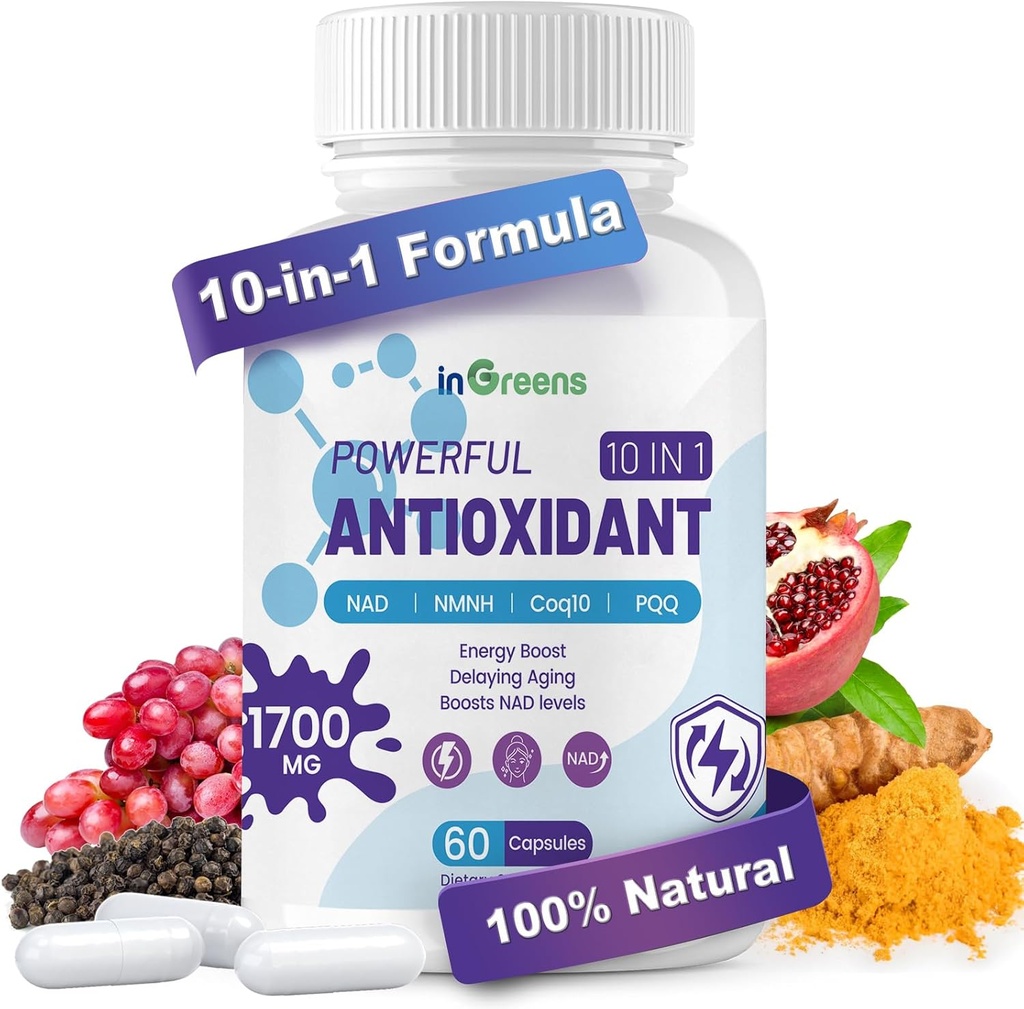 10-in-1 Antioxidanti Supliment, 1700MG Super Antioxidant pentru femei si barbati, Antioxidanti puternici cu NAD, NMNH,Coq10, Resveratrol, Reparatii celulare & reducerea daune radicale libere, 60 capsule