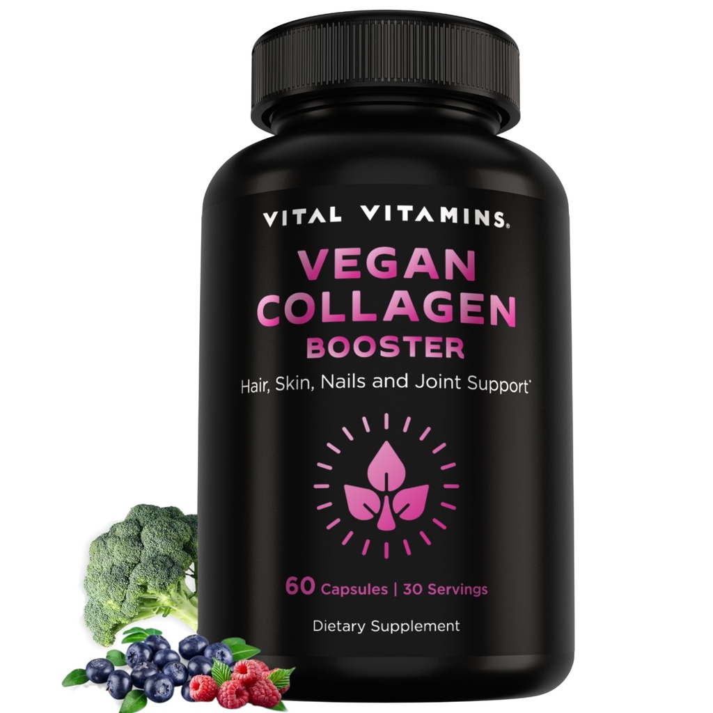 Vital Vitamine Vegan Colagen Booster - cu Siliciu și acid hialuronic - Suplimente de colagen pe bază de plante - Sprijină păr, piele, unghii și articulații - 60 capsule