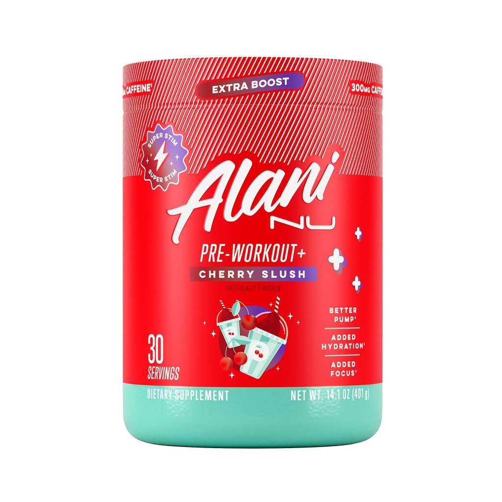 Alani Nu Pre Workout+ Powder Cherry Slush, Extra Boost, Sugar Free, 300mg Cafeina, L-Theanină, Beta-Alanină, Citrulină, 30 Serviri