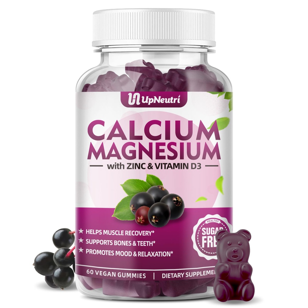 Zinc de calciu de magneziu cu vitamina D3 Supliment, Gume de calciu gratuite de zahăr pentru bărbați, Gume de zinc de înaltă absorbție pentru Bone & Muscle & Immune Health, aroma Vegan Elderberry - 60 Conte