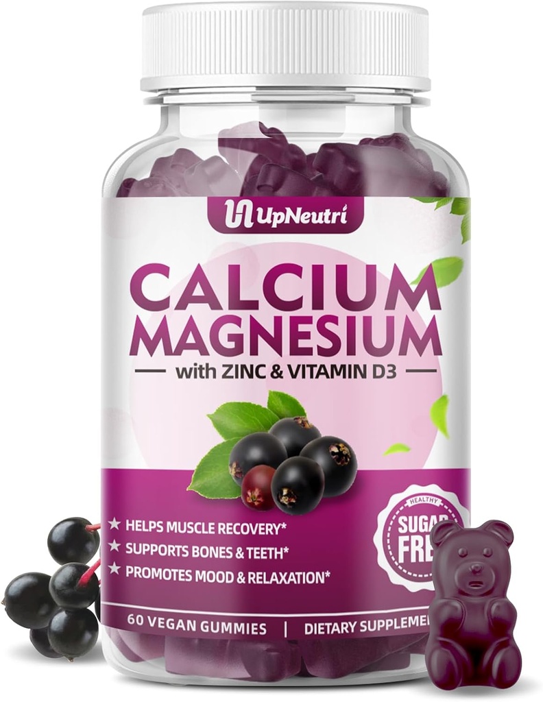 Zinc de calciu de magneziu cu vitamina D3 Supliment, Gume de calciu gratuite de zahăr pentru bărbați, Gume de zinc de înaltă absorbție pentru Bone & Muscle & Immune Health, aroma Vegan Elderberry - 60 Conte