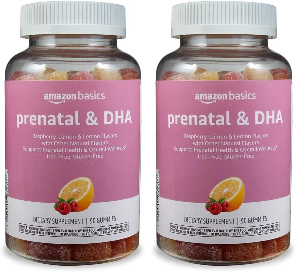 Basics Prenatal & DHA Gummy, Rasberry & Lemon Flavor, 90 Count (Precedent Solimo) (Pachet de 2)