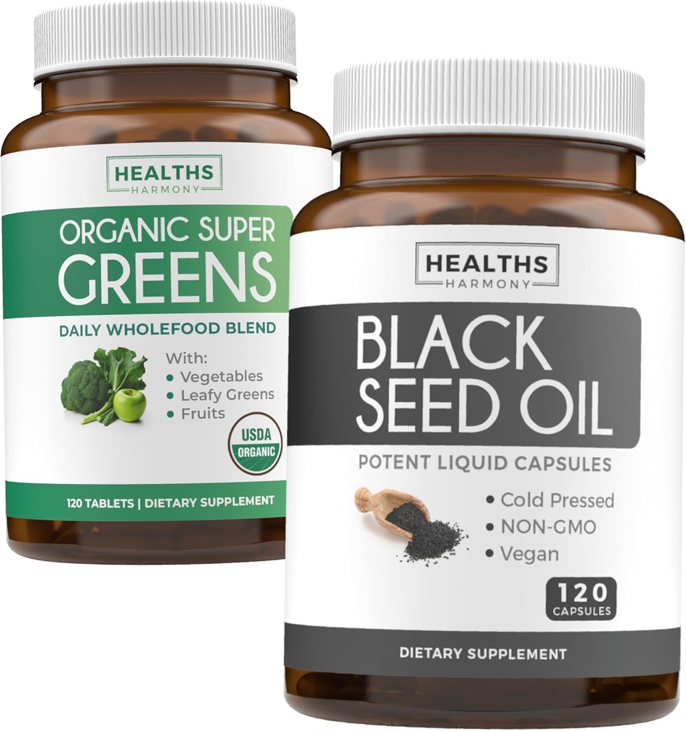 Super Greens & Black Seed (2-Month Supply) Greens Oil Synergy Bundle of Organic Super Greens Powder - Complete Superfood (120 capsule) & Black Seed Oil - Cold-Pressed Nigeilla Sativa (120 Caps)