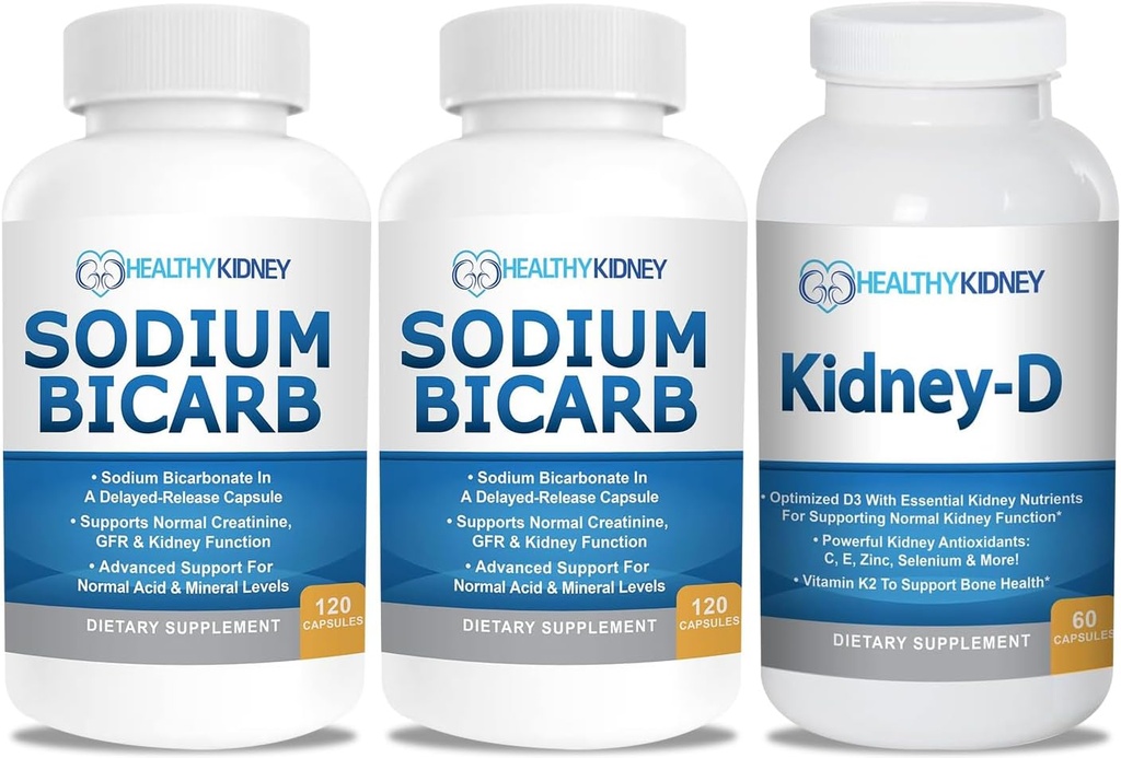 Bicarbonat de sodiu 650 mg Capsule pentru Relief Acid, Alcalinitate 120 Pastile 2- Pachet + Rinichi- D Supliment renal. Vitamina D optimizată pentru suport renal.