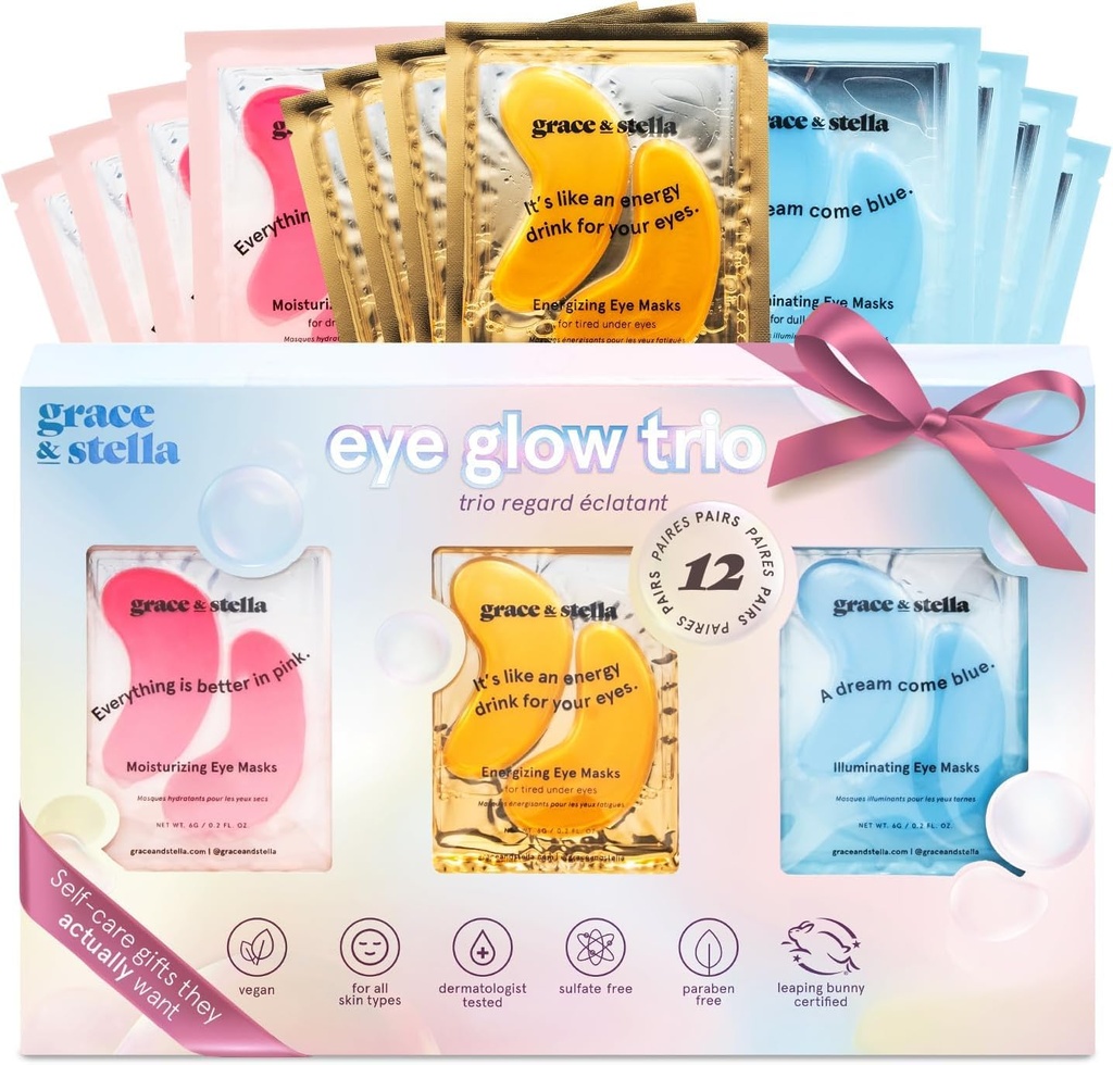 Grace & Stella Sub ochi patch-uri (12 perechi) Măști ochi pentru ochi pufoase și cercuri întunecate - Stocking Stuffers, Cadouri de Crăciun pentru femei - Cadouri pentru zilele de naștere, petrecerea burlacelor, domnișoare de onoare, Self Care