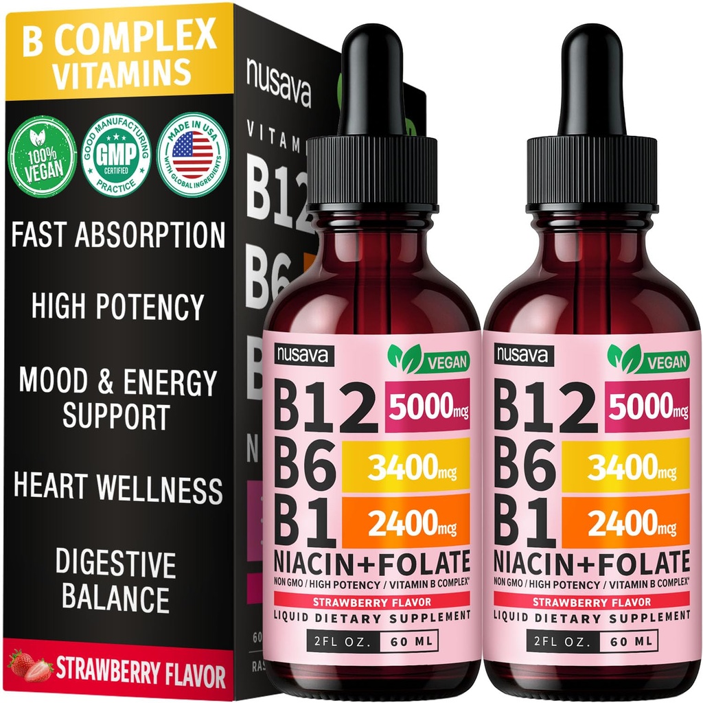 (2 ambalaj) Vitamina B12 și B6 picături lichide, B12 Complex de vitamina B sublingual - B 12 Vitamina 5000mcg - B12 Metilcobalamină pentru energie, creier, și suport cardiac cu 27,200 mcg, căpșuni, 80 Serviri