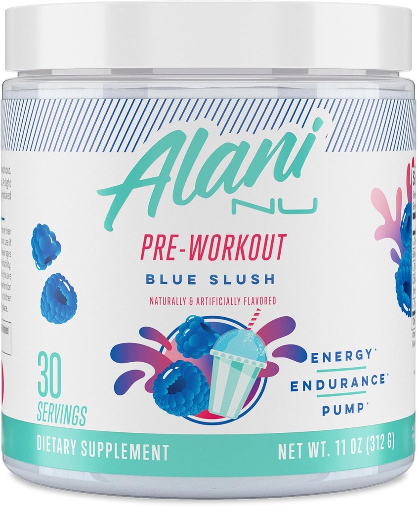 Alani Nu Pre Workout Powder Blue Slush, Amino Energy Boost, Endurance Supplement, Sugar Free, 200mg Caffeine, L-Theanine, Beta-Alanine, L-Citrulin, 30 Servings