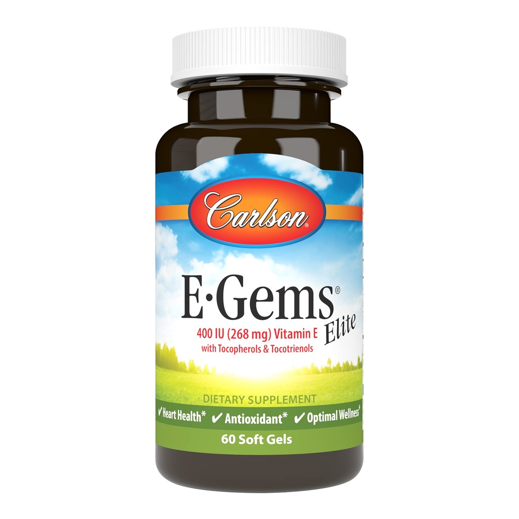 Carlson - E-Gems Elite, 400 UI vitamina E cu tocoferoli & tocotrienoli, Heart Health & Optimal Wellness, Antioxidant, 60 geluri moi
