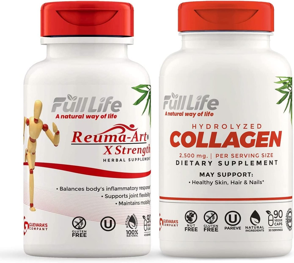 Full Life Reuma-Art X Putere și Colagen hidrolizat - Supliment de sprijin comun - Pastile de colagen bovine - Kosher, Gluten-Free - 90 Capsule vegetale Fiecare