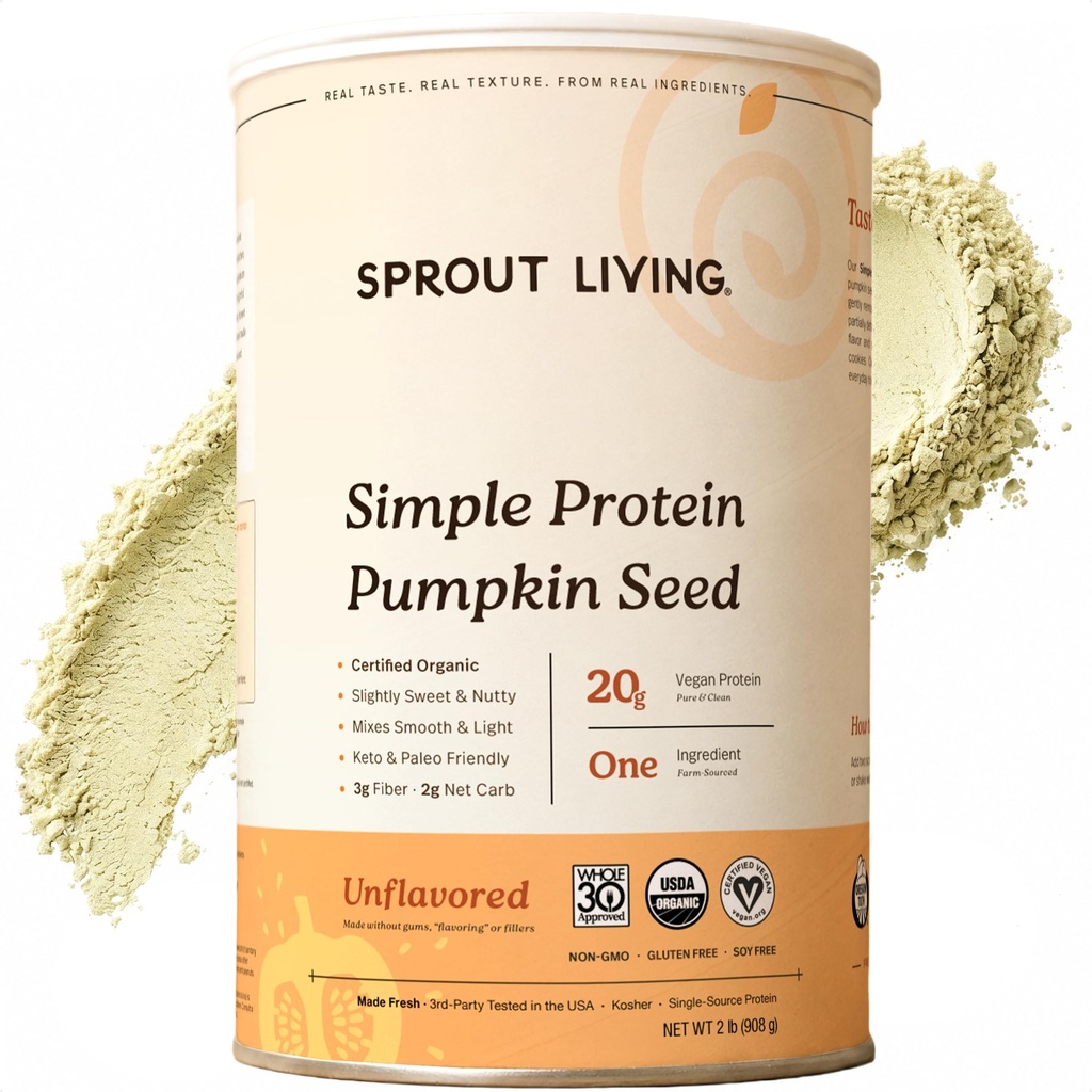 Sprout Living Organic Pudra de proteine de dovleac de semințe de dovleac, nearomatizate, 20 de grame de praf de proteine pe bază de plante fără îndulcitori artificiali, non-GMO, Vegan, Gluten gratuit (1 liră, 30 serviri)