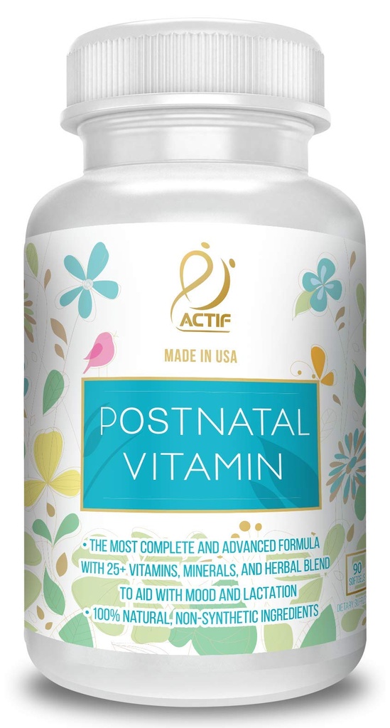 ACTIF Vitamină postnatală cu 25+ vitamine organice și plante aromatice organice, Nursing și Suplimentul de alăptare, susține dezvoltarea creierului copilului, non-GMO, Made in USA, 90 Conte