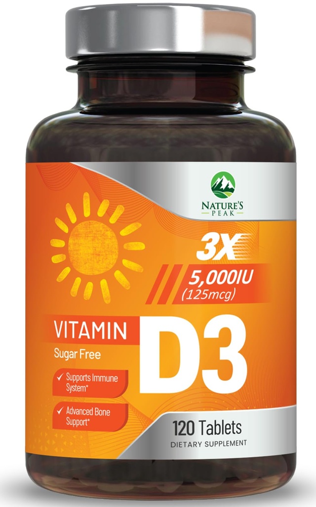 Vitamina D3 5000iu (125 mcg) Sprijin pentru sănătate imună - supliment alimentar de înaltă potenţă Vitamina D pentru oase, dinţi, muşchi - VIT D Natura, Vegan, Gluten gratuit, aroma de zmeură - 120 comprimate masticabile