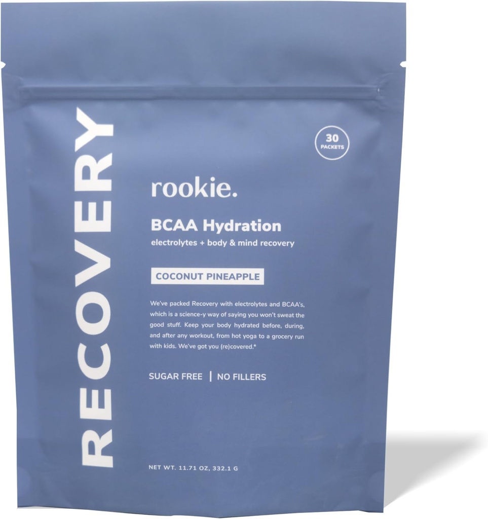 Rookie Wellness Recovery BCAA - Electrolit si BCAA Powder cu 5 g de Aminoacidi ramificati lant pentru recuperare musculara, Electroliti pentru hidratare, & Doar 10 Calorii (30 Serviri, Ananas nuca de cocos)
