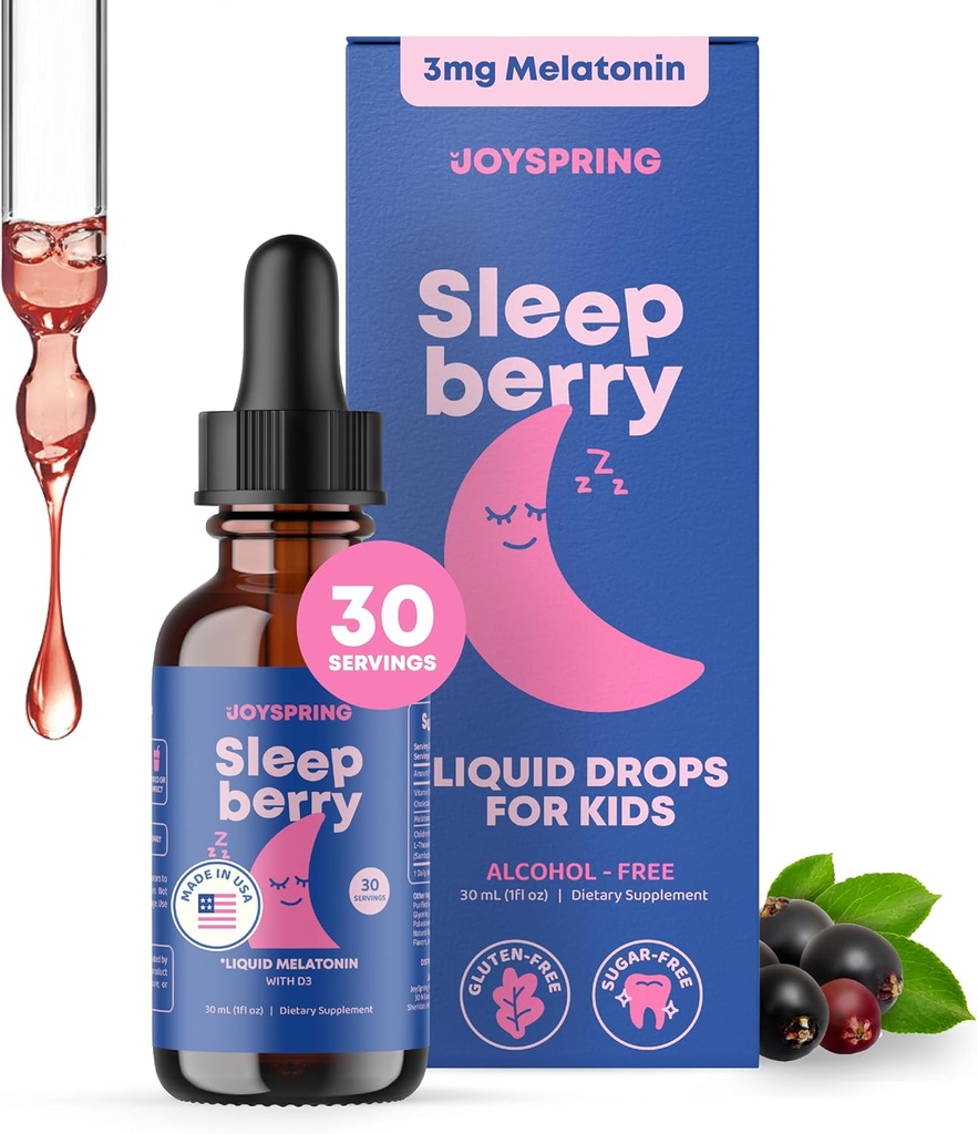 SleepBerry Liquid Melatonin for Kids - Natural Sleep Aid with Elderberry and Vitamin D - Boosts Immune System While They Sleep (1 Fl oz)