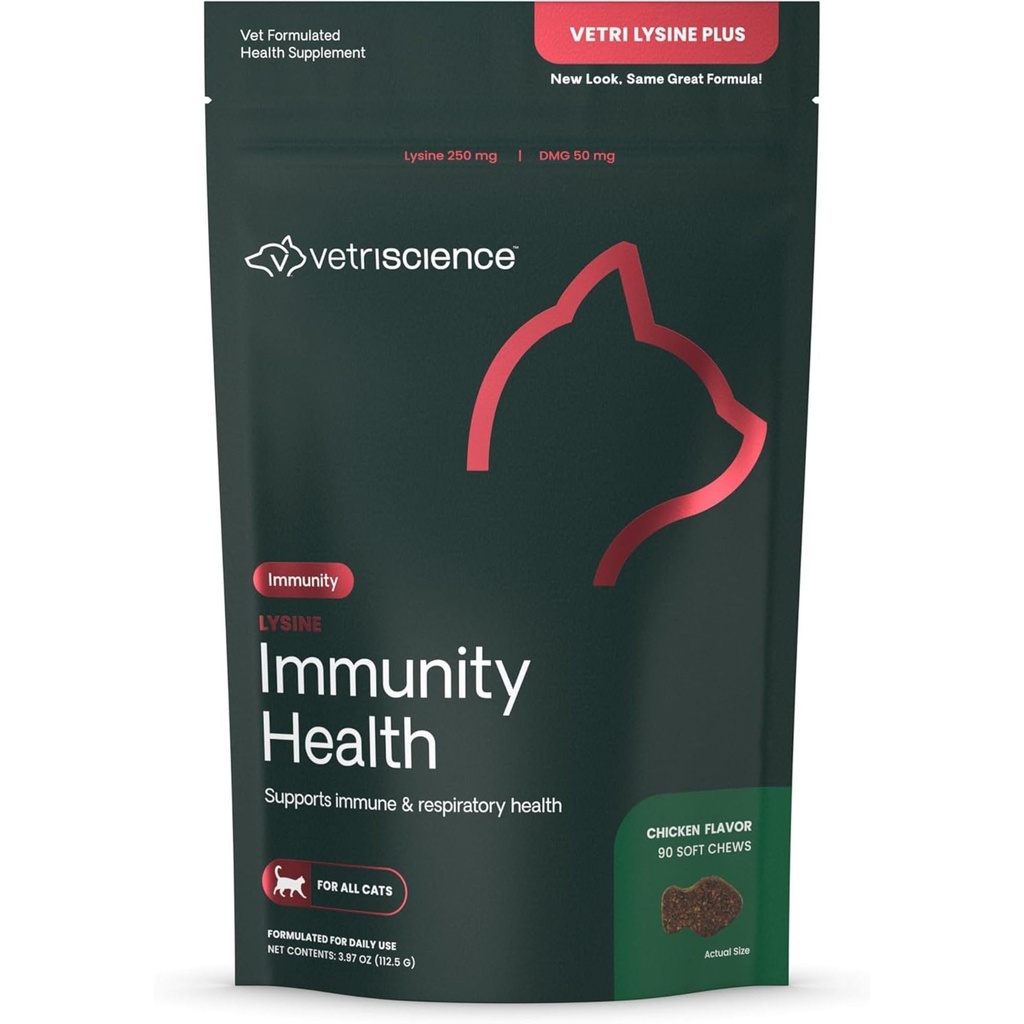 VetriScience Lysine Imunity Health Chews, 250 mg Lysine Plus Suplimentul imunitar pentru pisici și pisici cu alergii, Sneezing, Runny Nose and Watery Eyes, Pui, 90 Conte