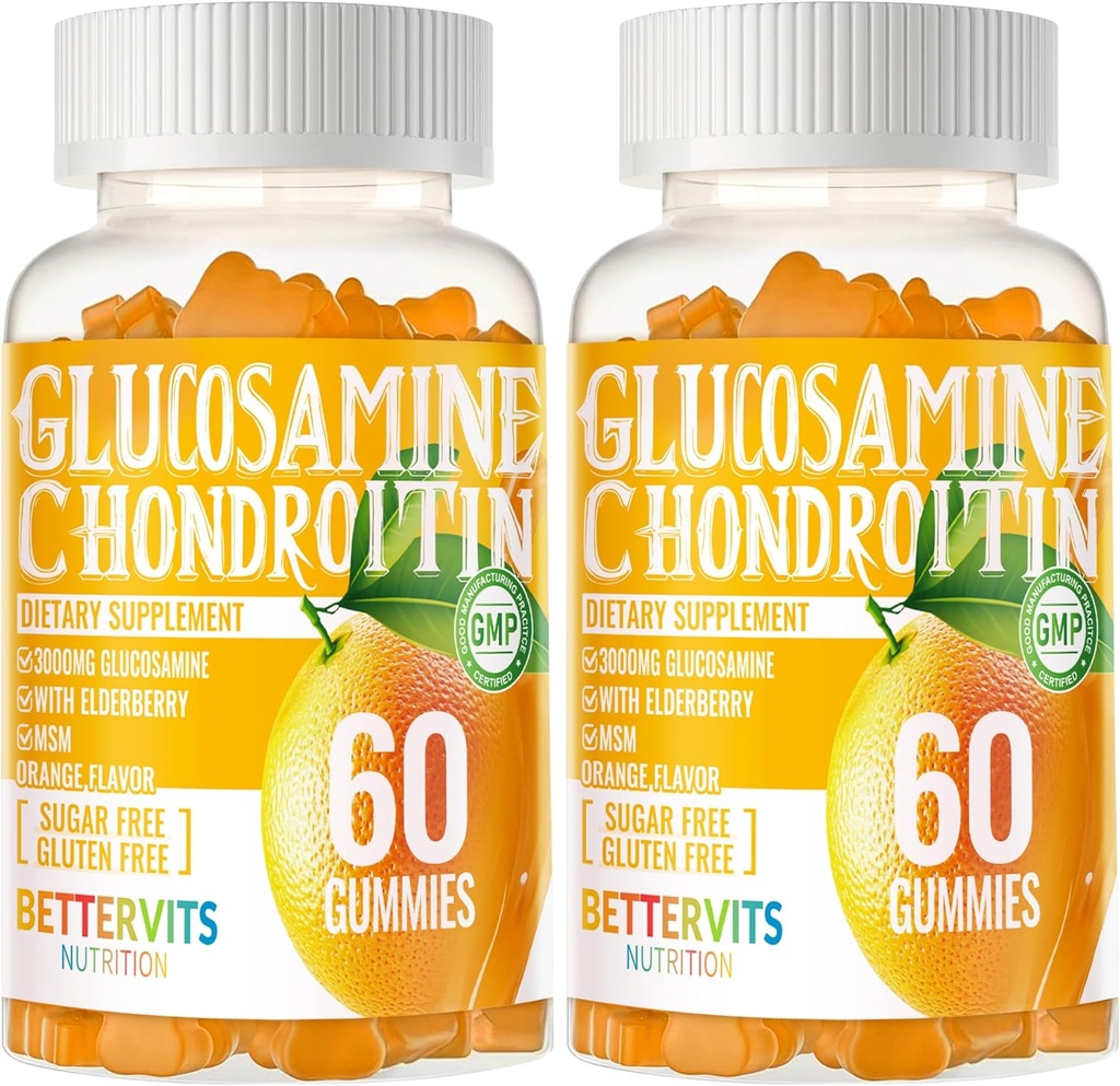 Glucosamină Chondroitin Gummies cu MSM & Elderberry Extra Putere - Suport comun, Supplement de suport imun antioxidant pentru adulți, Bărbați și femei120 Orange Gummies