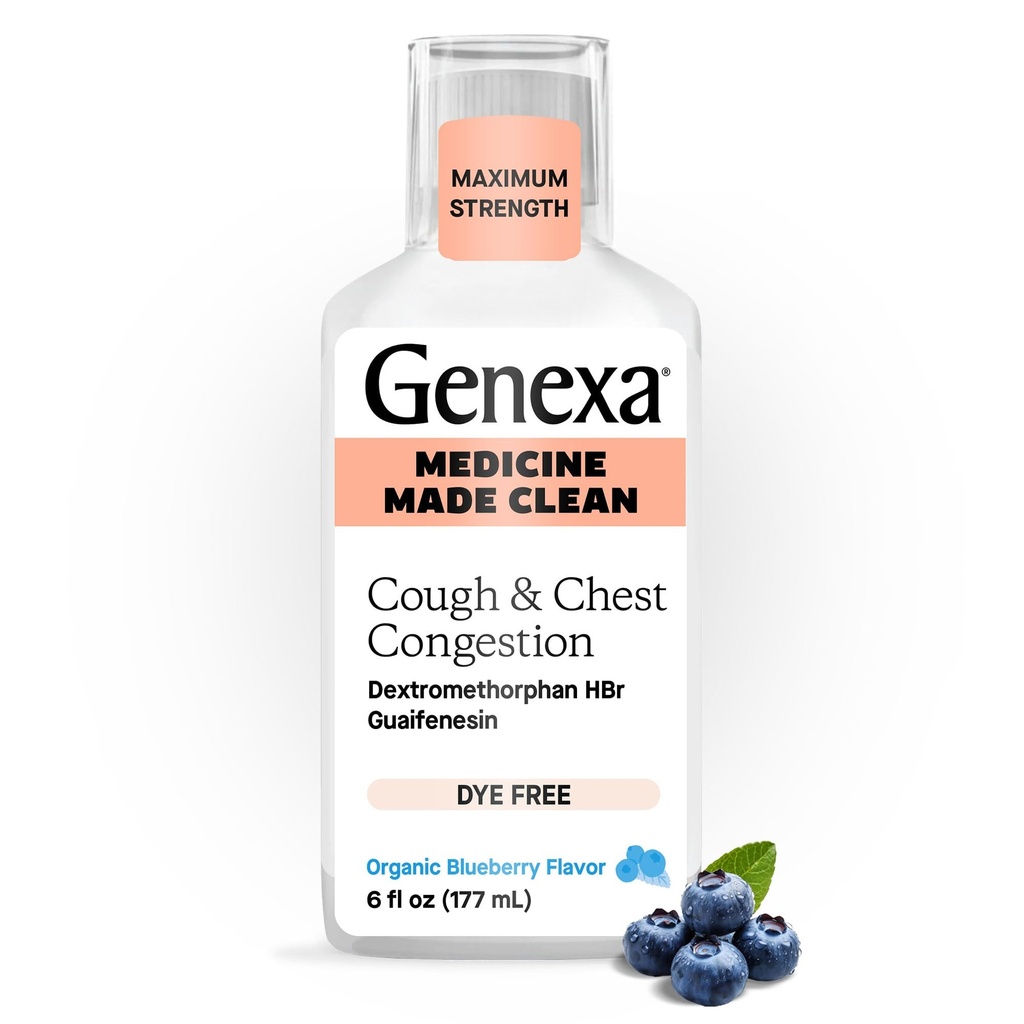 Genexa Clean Cough & Chest Congestion Relief, Die Free, 0% Aditivi artificiali, Multi-Simptom Putere maxima Relief Cough Syrup, Tuse Suppressant & Expectorant, Aroma de afine organice, 6 fl oz
