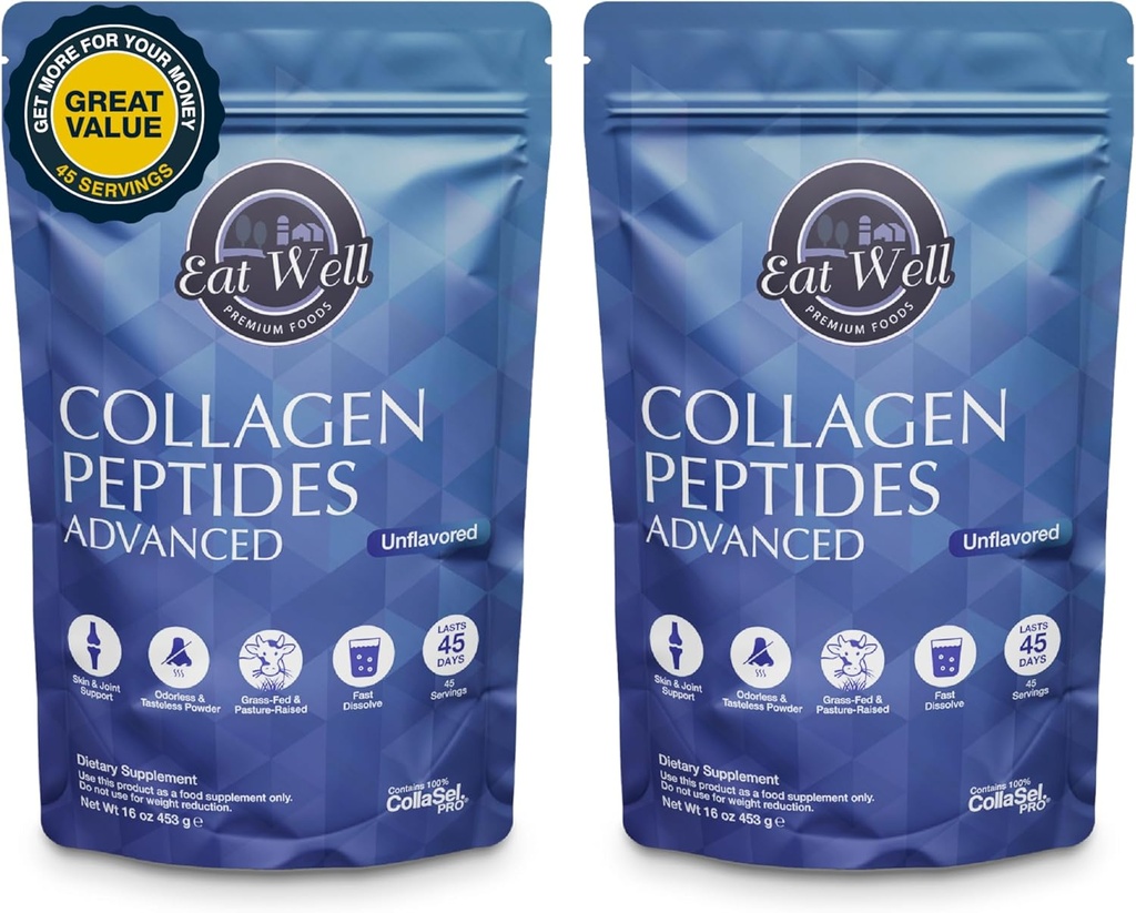 EAT BINE ALIMENTAŢII PREMIUM Colagen Peptides pulbere Proteina 45 Serviri, 16oz, Colagen pentru piele, os şi sprijin comun, de tip I & III Iarbă Fed Colagen (45 Servings (Pachet de 2), Neflavorat)