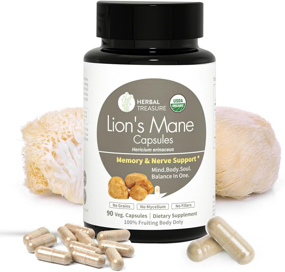 Herbal Treasure Lions Mane Supliment capsule, Made with Organic Lions Mane Powder for Mental Clarity and Focus Supplements, 800mg Lions Mane Powder Organic Mushroom Supplement 90 Capace
