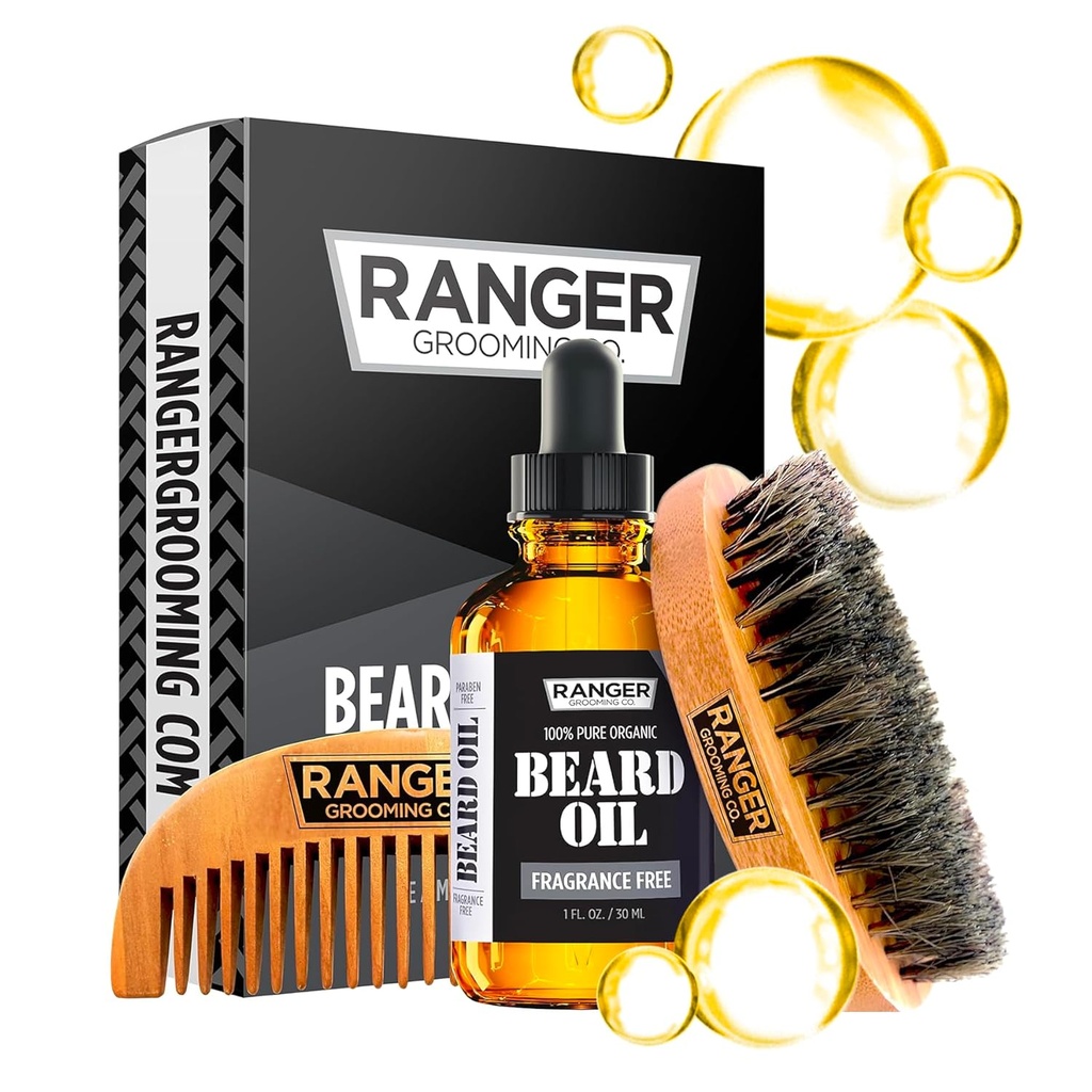 Beard Kit by Ranger Grooming Company by Leven Rose, 100% organic natural Fragrance Free Unscented Beard Oil, Boar Bristle Beard Brush, Natural Wood Comb Beard Care Starter Set pentru bărbați