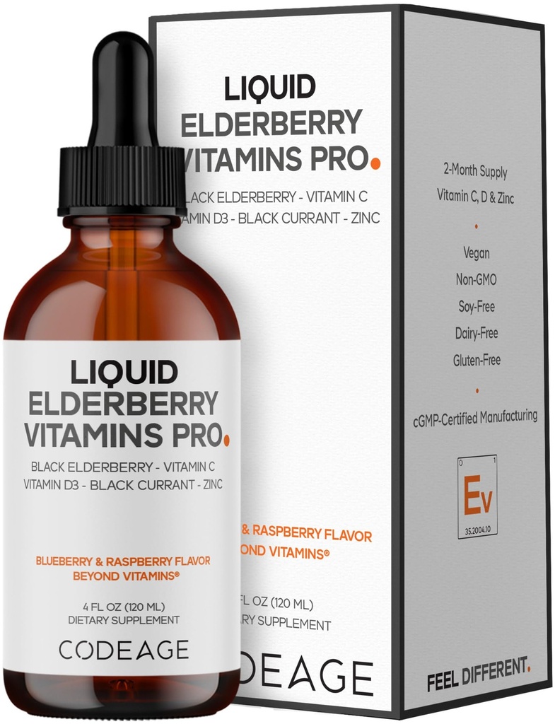 Codaj Elderberry Vitamine Pro - Organic Black Elderberry Picături lichide - Vitamina C, D3, Zinc, Negru Currant - 2 Month Supply - Negru Sambucus lichid - Supliment pentru adulți și copii - 4 fl oz