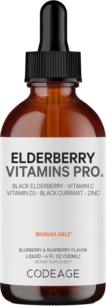 Codaj Elderberry Vitamine Pro - Organic Black Elderberry Picături lichide - Vitamina C, D3, Zinc, Negru Currant - 2 Month Supply - Negru Sambucus lichid - Supliment pentru adulți și copii - 4 fl oz