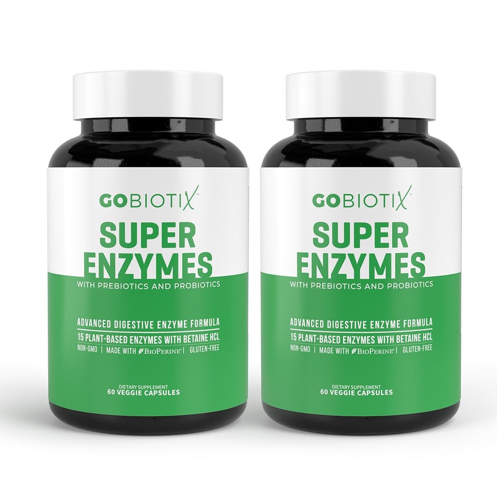GOBIOTIX Enzime digestive Supliment cu prebiotice si probiotice pentru femei si barbati - sanatate gutoasa, Digestie gluten, Absorbtie lactoza, pastile dietetice pe baza de plante - 120 capsule