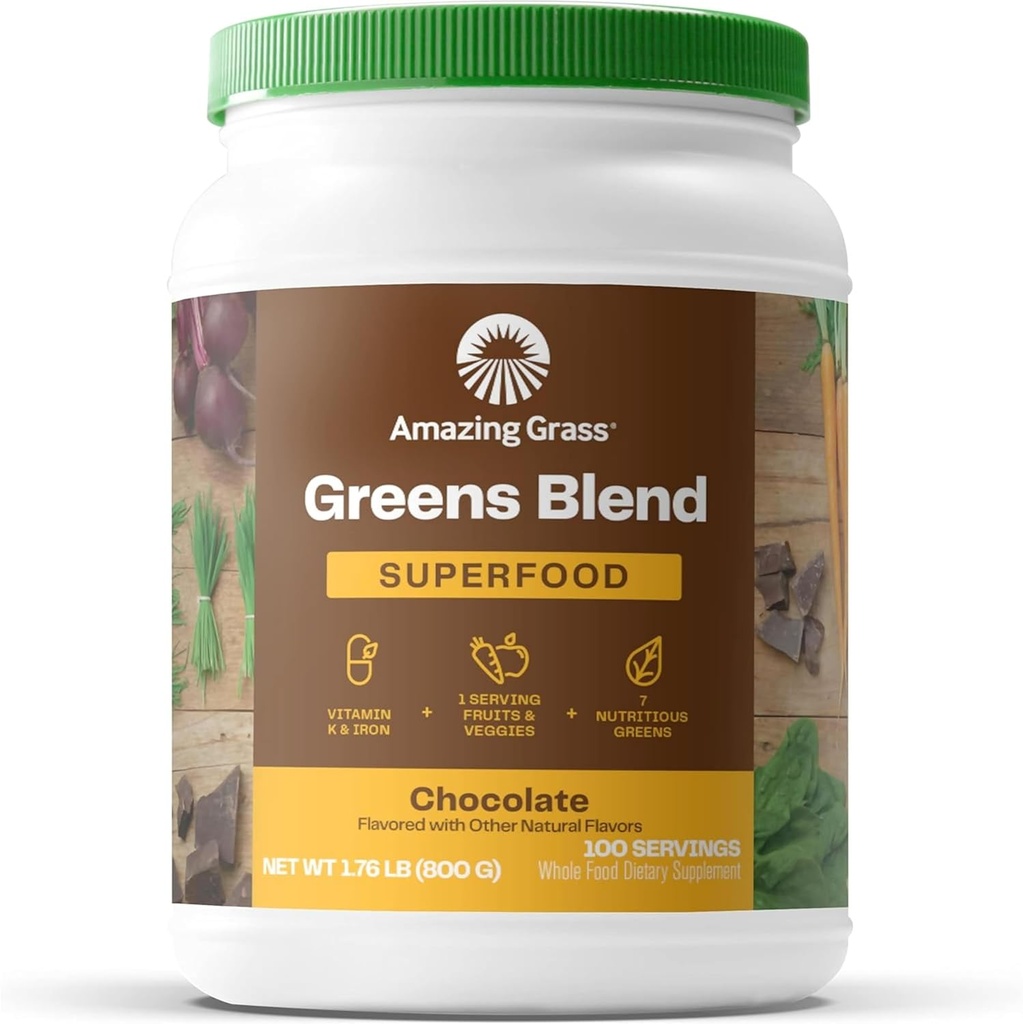 Verde uimitoare de iarbă Superfood pulbere: Verzi Pulbere cu enzime digestive & Probiotice, Spirulina organică, Chlorella, și Root Root Powder, Ciocolată, 100 Servings