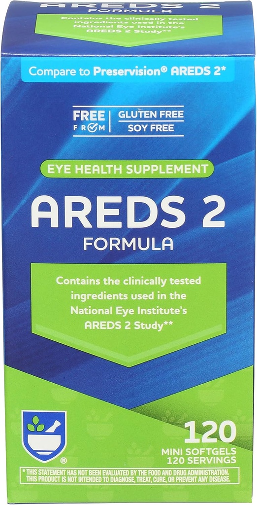 Rite Aid AREDS 2 Softgels - 120 Conte, Suport macular pentru ochi și viziune Sănătate, Conține luteină, vitamina C, Zeaxantină, zinc & vitamina E, gluten gratuit și soia