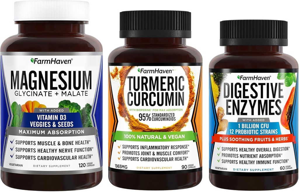 FarmHaven Magneziu Glicinat & Malate Complex w/Vitamina D3 și Curcumina Turmerică cu Pepper negru BioPerine și enzime digestive cu 18 Probiotice și plante aromatice