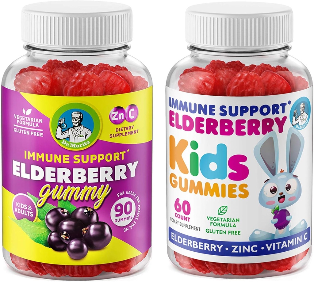 DR. MORITZ Elderberry Gummies pentru copii și familie- Sistemul imunitar Booster și de sprijin pentru sănătate cu extract negru Sambucus Elderberberries - Vitamina și Zinc Imunity Herbal Boost Supliment pentru copii