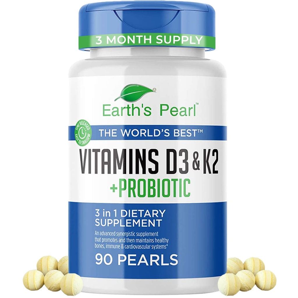 Earth's Pearl Vitamina D3 K2 5000 UI - 3-in-1 K2 D3 Suplimentul de vitamine cu probiotice pentru femei și bărbați, 3-luna de aprovizionare, Suplimente de sănătate gut pentru femei și bărbați (90 CT)