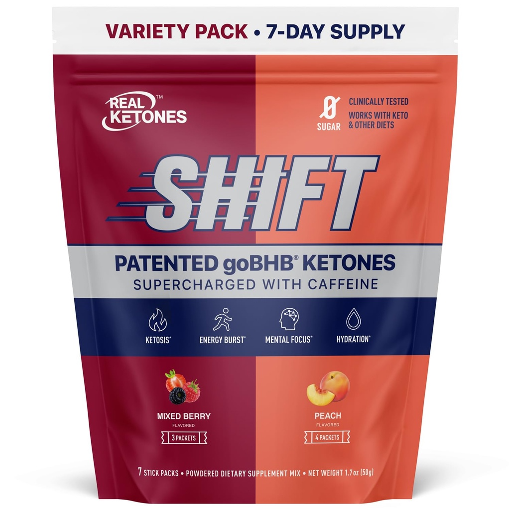 Ketone Real BHB Cetone Exogene Drink Mix Pachete Keto Electroliți Pachete pulbere fără zahăr cu 4 Electroliți de fixare principale Plus Hidratare Keto BHB brevetat - 7 Conte Peach, mixt Berry